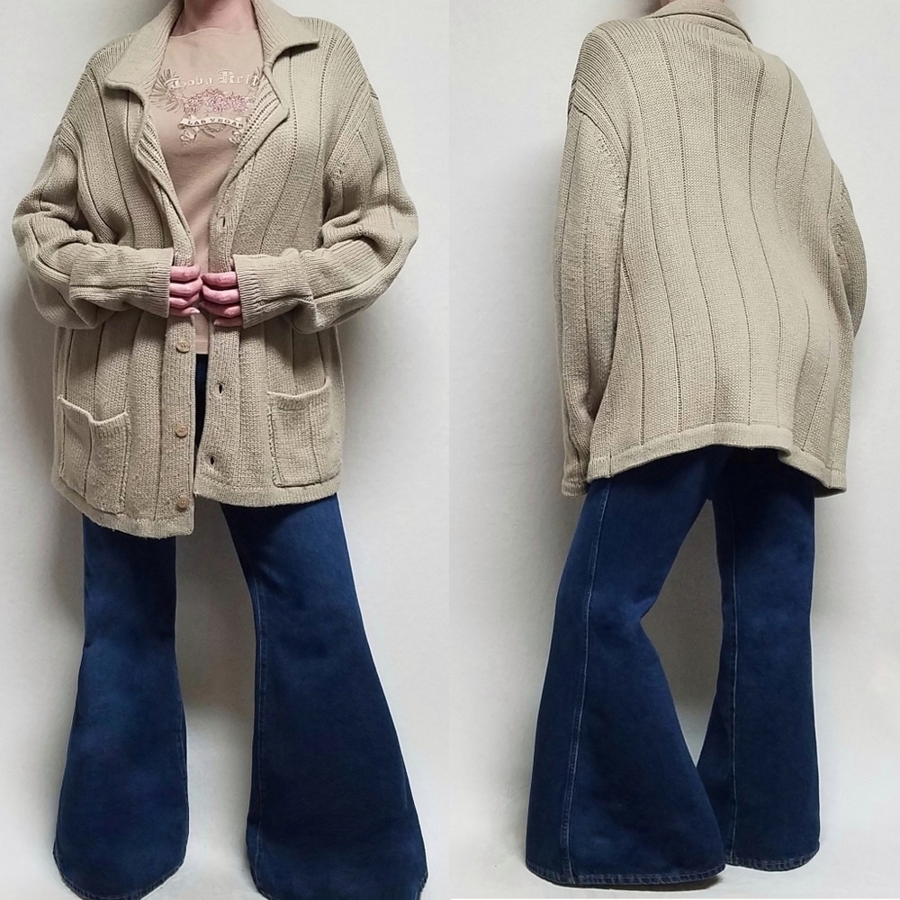 Norman Rockwell Haband Vintage Beige Wide Ribbed Long Sleeve Oversized Cardigan